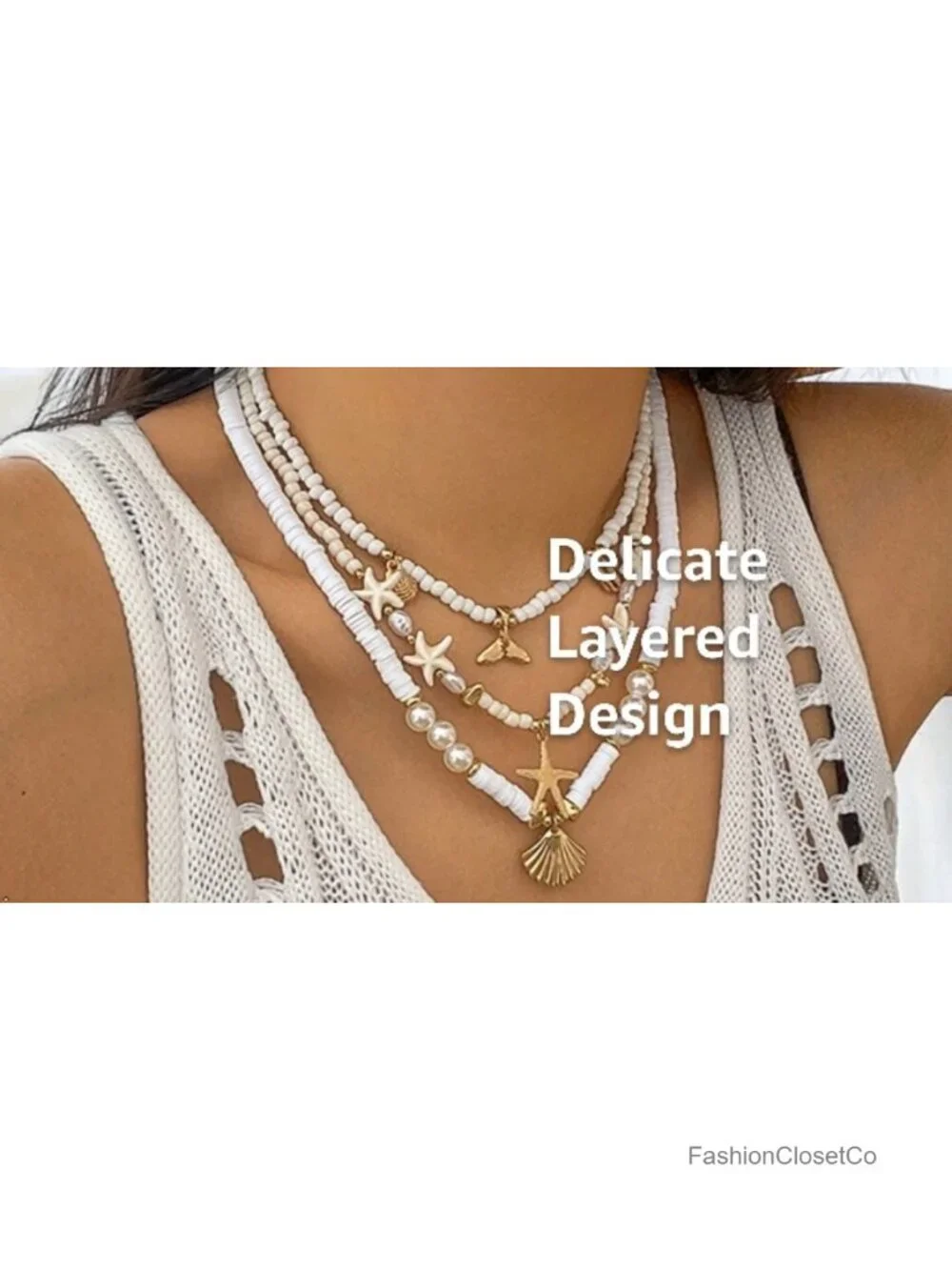 18k Gold Plated Starfish Seashell Charm Necklace Adjustable Beachy Stackable
